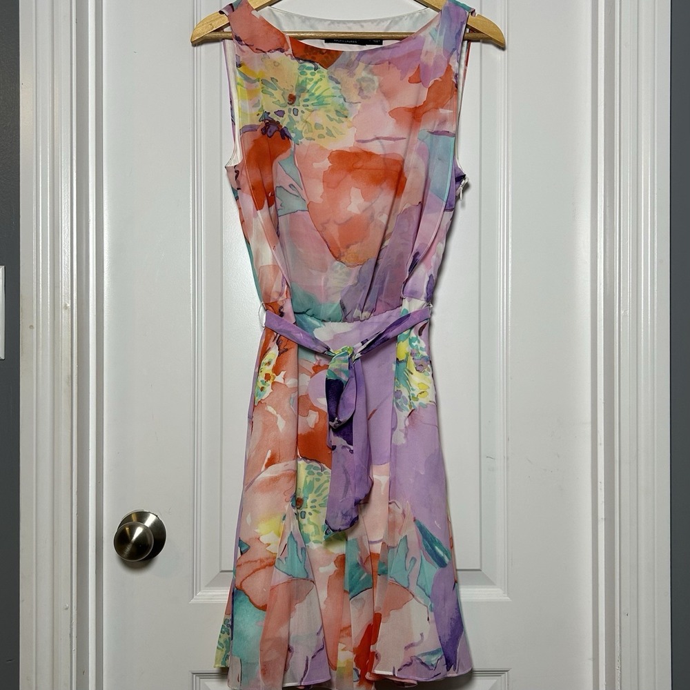 Lauren Ralph Lauren Multicolor Watercolor Pattern Georgette Belted Mini Dress
